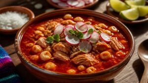 Sytá kukuřičná polévka s vepřovým masem Pozole Rojo s ředkvičkami a oregano