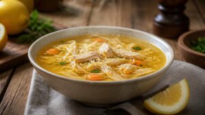 Sytá kuřecí polévka Tavuk čorba s nudlemi a citronovou šťávou