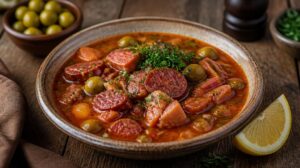 Sytá polévka Soljanka s uzeným masem, klobásou, olivami a citronem