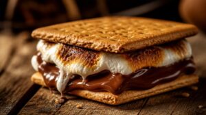 Táborový dezert S’mores s rozteklým marshmallow a čokoládou mezi sušenkami