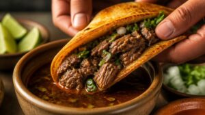 Tacos de Birria s pomalu dušeným hovězím masem a miskou silného vývaru na namáčení