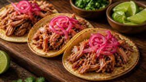 Tacos s trhaným vepřovým masem Carnitas s nakládanou červenou cibulí