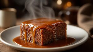 Teplý datlový pudink Sticky Toffee Pudding s horkou karamelovou omáčkou