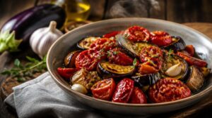 Teplý salát z pečených lilků, paprik a rajčat Chorovac salat s česnekovým olejem