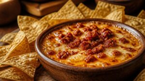 Teplý sýrový dip Queso Fundido s opečeným chorizem k nachos