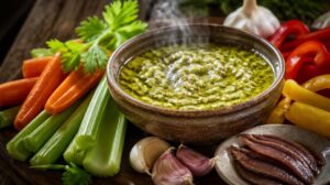 Teplý zeleninový dip bagna cauda s česnekem a sardelkami