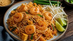 Thajské smažené nudle Pad Thai s krevetami, tofu a arašídy