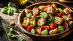 Toskánský chlebový salát panzanella s rajčaty, okurkou a olivovým olejem