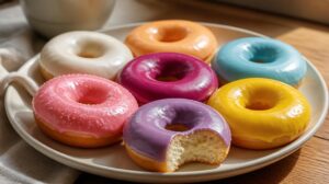 Tradiční americké pečené koblížky Donuts s barevnou cukrovou polevou
