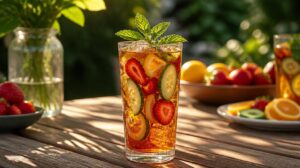 Tradiční anglický Pimm’s No. 1 Cup: Slavnostní letní drink s okurkou, jahodami, pomerančem a hromadou máty