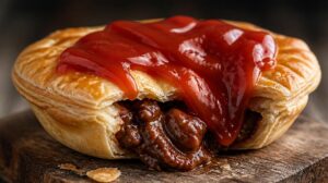 Tradiční australský masový koláč Meat Pie s mletým hovězím masem a kečupem