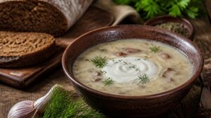 Tradiční bílý boršč Barszcz biały na žitném kvasu se zakysanou smetanou