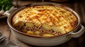 Tradiční bulharská moussaka (Musaka): Zapečené mleté maso s bramborami a nadýchanou vaječno-jogurtovou krustou