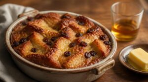 Tradiční chlebový pudink Bread and Butter Pudding se rozinkami a rumem