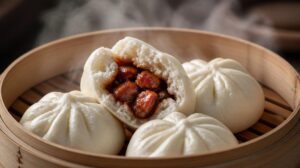 Tradiční čínské napařované barbecue vepřové bochánky (Cha Siu Bao)