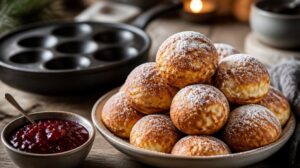 Tradiční dánské kulaté koblížky Æbleskiver sypané cukrem a džemem