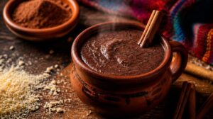 Tradiční horká čokoláda Champurrado zahuštěná kukuřičnou moukou se skořicí