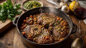 Tradiční hovězí ossobuco milanese na víně a zelenině