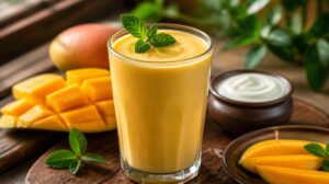Tradiční indické Mango Lassi s mátou: Krémový jogurtový nápoj s exotickým ovocem pro zchlazení po pálivém jídle