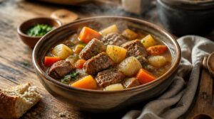 Tradiční irský guláš Irish Stew s jehněčím masem, bramborami a kořenovou zeleninou
