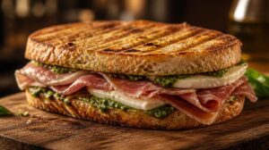 Tradiční italské panini s parmskou šunkou, mozzarellou a bazalkovým pestem