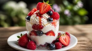 Tradiční italský pohár Coppa Primavera: Smetanové gelato utopené v hromadě čerstvých jahod, malin a borůvek