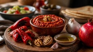 Tradiční izraelská snídaňová pomazánka z pečených paprik a vlašských ořechů (Muhammara)