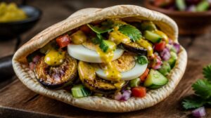 Tradiční izraelský Sabich: Legendární street food v pitě s pečeným lilkem, vajíčkem natvrdo a omáčkou amba
