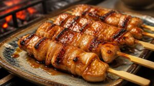 Tradiční japonské kuřecí špízy Yakitori v omáčce tare