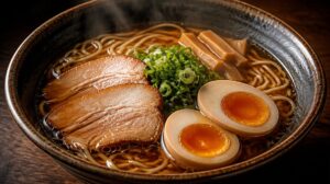Tradiční japonský Shoyu Ramen s vepřovým bůčkem a marinovaným vejcem