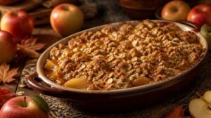 Tradiční kanadský jablečný koláč Apple Crisp s ovesnou drobenkou a javorovým sirupem