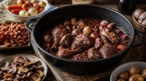 Tradiční kohout na víně Coq au Vin: Poctivý burgundský recept s kořenovou zeleninou a žampiony