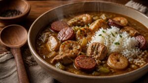 Tradiční kreolská polévka Gumbo s klobásou sucuk, kuřetem, krevetami a rýží