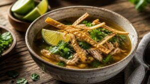 Tradiční kuřecí polévka Sopa de Lima s limetkovou šťávou a křupavými tortillovými nudlemi
