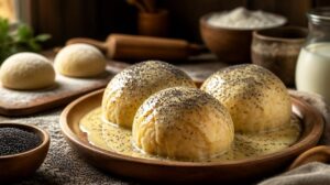 Tradiční kynuté knedlíky Dampfnudeln s vanilkovou omáčkou a mákem