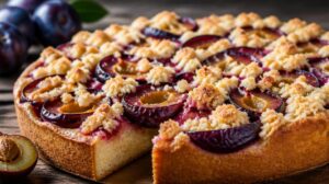 Tradiční kynutý švestkový koláč Pflaumenkuchen s drobenkou