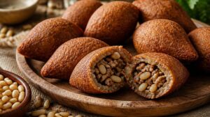 Tradiční libanonské Kibbeh: Křupavé smažené šišky z bulguru plněné mletým masem, cibulí a piniovými oříšky