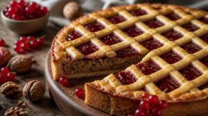 Tradiční linecký dort Linzer Torte s mletými ořechy a rybízovou marmeládou