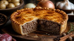 Tradiční masový koláč Tourtière z vepřového a hovězího masa s voňavým kořením