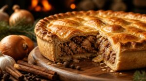 Tradiční masový koláč Tourtière z vepřového a hovězího masa s voňavým kořením