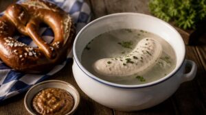 Tradiční mnichovská bílá klobása Weißwurst se sladkou hořčicí a preclíkem