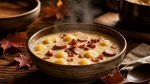 Tradiční německá bramboračka Kartoffelsuppe se slaninou a párkem