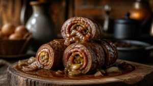 Tradiční německé hovězí rolády Rinderrouladen se slaninou a kyselou okurkou