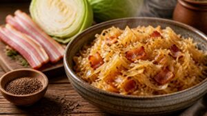 Tradiční německé kysané zelí Sauerkraut dušené na slanině a kmínu