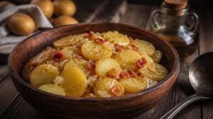 Tradiční německý bramborový salát Kartoffelsalat s vývarem, octem a slaninou