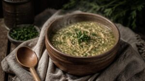 Tradiční palestinská polévka Freekeh (Shorbat Freekeh): Vydatný zimní krém ze zelené uzené pšenice a kuřecího vývaru