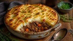 Tradiční pastýřský koláč Shepherd’s Pie s mletým jehněčím masem a bramborovou kaší