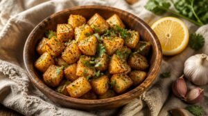 Tradiční pikantní brambory Batata Harra: Křupavé pečené kostky brambor s česnekem, chilli a čerstvým koriandrem
