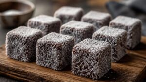 Tradiční piškotové kostky Lamingtons obalené v čokoládě a kokosu