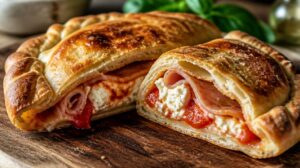 Tradiční plněná pizza calzone s ricottou, šunkou a rajčaty
